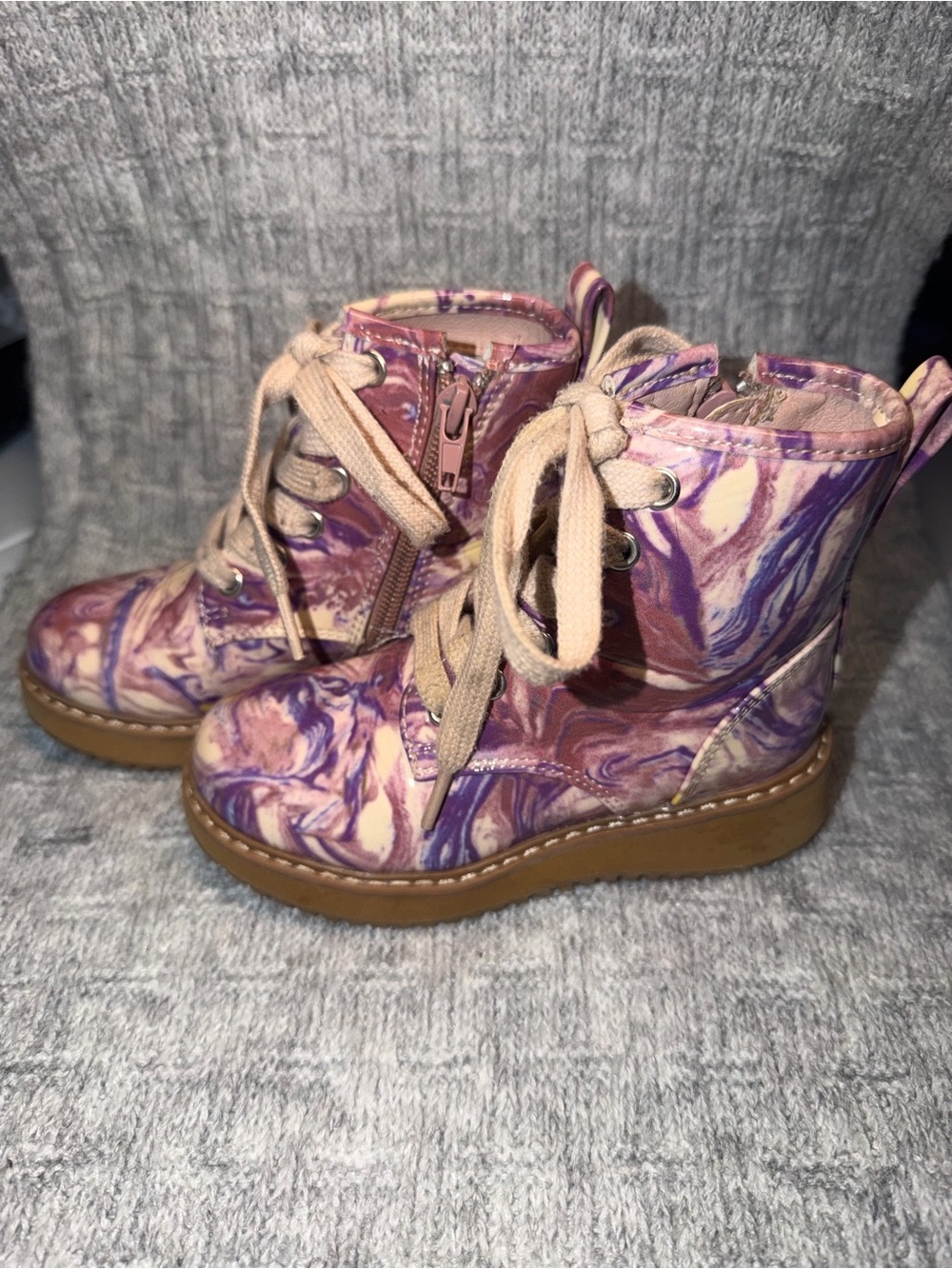 Girls Pink & Purple Marble Lace-Up Ankle Boots